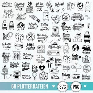 Può includere: Una collezione di sessantotto illustrazioni digitali in bianco e nero a tema viaggio, che includono valigie, aerei, mappamondi, fotocamere, infradito, palme e varie frasi in tedesco come Weltenbummler, Urlaub geht immer e Reisen ist meine Therapie.