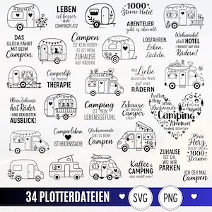 May include: A collection of 34 black and white digital illustrations featuring various camper vans, travel trailers, and camping-themed phrases in German. The designs include decorative elements like hearts, stars, and flowers, suitable for cutting machines.