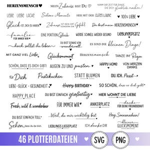 Könnte beinhalten: Eine Sammlung von 46 schwarzen Textdesigns mit deutschen Sprüchen und Wörtern wie Herzensmensch, Liebe und Happy Birthday, dargestellt in verschiedenen Schriftarten, einschließlich Schreib- und serifenloser Stile, als SVG- und PNG-Dateien.