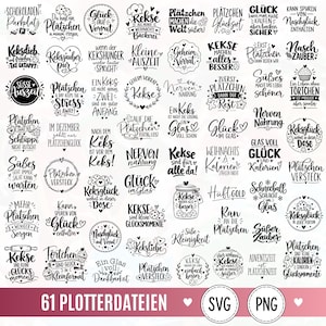 Puede incluir: Una colección de 61 diseños digitales en blanco y negro con frases en alemán sobre galletas, repostería y felicidad, incluyendo textos como Schokoladen Parkplatz, Keksdieb y Plätzchen machen die Welt süßer, presentados en varias fuentes.