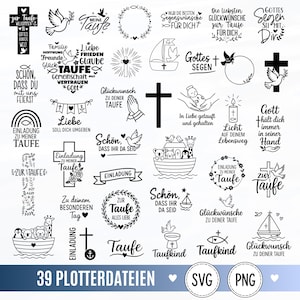 May include: A collection of 39 black and white digital designs featuring religious symbols and German text related to baptism, including crosses, doves, Noah's ark, wreaths, and candles, presented as SVG and PNG files for crafting projects.