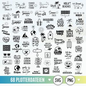 May include: A collection of 68 black and white digital designs featuring summer and travel themes. The graphics include palm trees, suitcases, aeroplanes, suns, and beach-related text phrases in both English and German, presented as a grid of icons.