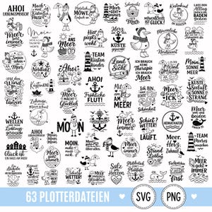 Op de afbeelding: Een verzameling van 63 zwart-wit digitale grafische ontwerpen met nautische thema's, meeuwen, vuurtorens, ankers en Duitse tekstzinnen. De illustraties zijn in een raster geplaatst en tonen diverse maritieme motieven.