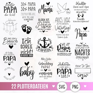 May include: A collection of twenty-two black graphic designs on a white background featuring various German phrases about parents and babies, including text like Bester Papa der Welt, Super Mama, Papitän, and New to the crew, with icons of hearts, stars, and baby feet.
