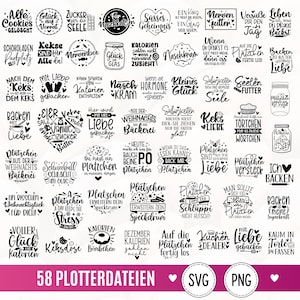 May include: A collection of 58 black and white digital graphic designs featuring various German phrases related to baking, cookies, and sweets, including illustrations of jars, hearts, and kitchen utensils, presented in a grid layout.