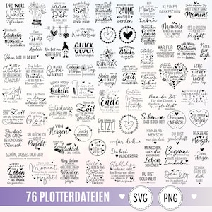 May include: A collection of 76 black and white digital graphic designs featuring various German motivational quotes, phrases, and decorative elements like hearts, flowers, and stars, presented in a grid layout with SVG and PNG labels at the bottom.