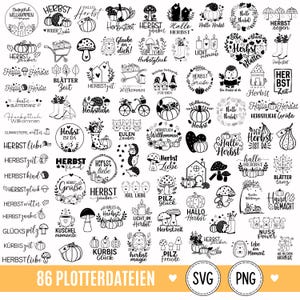Op de afbeelding: Een verzameling van 86 zwart-wit digitale ontwerpen met herfstthema-illustraties zoals pompoenen, egels, paddenstoelen, regenlaarzen en fietsen, vergezeld van Duitse tekstfrasen zoals Herbst, Hallo Herbst en Kürbis Zeit.