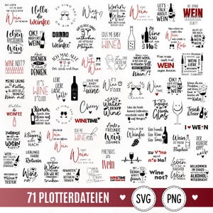 Könnte beinhalten: Eine Sammlung von 71 digitalen Grafikdesigns mit weinbezogener Typografie und Illustrationen in Schwarz und Rot. Die Designs enthalten verschiedene Sprüche über Wein, Weingläser und Flaschen, angeordnet in einem Raster mit dem Text 71 PLOTTERDATEIEN.