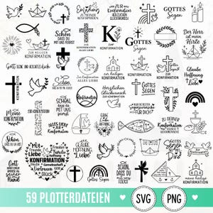 May include: A collection of 59 black and white digital graphic designs featuring religious symbols such as crosses, doves, fish, churches, and sailboats, accompanied by German text phrases related to confirmation, blessings, and faith.