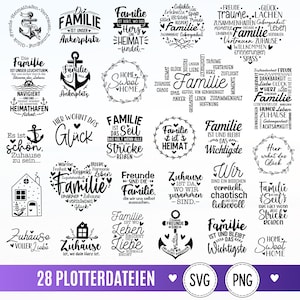 Può includere: Una collezione di ventotto disegni grafici in bianco e nero con frasi in tedesco sulla famiglia e la casa, inclusi motivi come ancore, cuori e ghirlande, con il testo 28 PLOTTERDATEIEN SVG PNG nella parte inferiore dell'immagine.