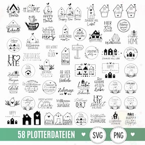 May include: A collection of 58 black and white digital graphic designs featuring house icons, floral elements, and phrases like Home, Happy New Home, Willkommen Zuhause, and Liebe. These vector-style illustrations include circular and rectangular frames.