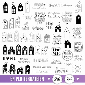 Op de afbeelding: Een collectie van 54 zwart-wit digitale grafische bestanden met diverse huissilhouetten, hartmotieven en decoratieve tekstzinnen zoals Home Sweet Home, Herzlich Willkommen en Liebe, aangeboden in SVG- en PNG-bestandsformaten.