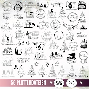 Puede incluir: Una colección de 56 diseños gráficos digitales en blanco y negro con temas navideños que incluyen gnomos, pinos, estrellas, vehículos festivos y texto en inglés y alemán, presentados como un conjunto de archivos SVG y PNG.