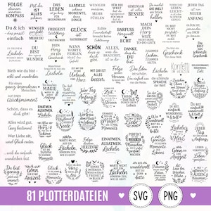 Op de afbeelding: Een verzameling van 81 zwarte tekstgebaseerde grafische ontwerpen met diverse inspirerende Duitse citaten, zinnen en decoratieve elementen zoals sterren, harten en bloemmotieven, gepresenteerd in een rasterindeling met SVG- en PNG-labels onderaan.