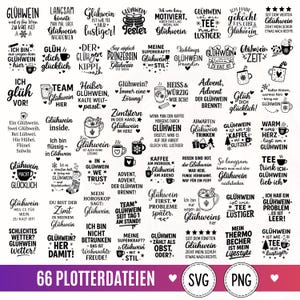 May include: A collection of 66 black and white digital graphic designs featuring German text related to Glühwein, including phrases like Glühwein ist wie Tee nur lustiger, Glühwein macht glücklich, and various illustrations of mugs, stars, and snowflakes.