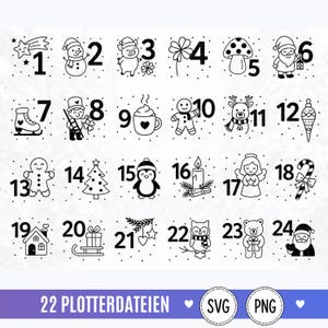 May include: A black and white digital graphic featuring twenty-four numbered icons for an advent calendar. The icons include a shooting star, snowman, pig, clover, mushroom, Santa, ice skate, chimney sweep, mug, gingerbread man, reindeer, ornament, tree, penguin, candle, angel, candy cane, house, sled, branch, owl, bear, and Santa face.