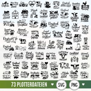 Könnte beinhalten: Eine Sammlung von 73 schwarz-weißen Grafikdesigns mit bäuerlichen Motiven wie Traktoren, Kühen, Hühnern, Bauernhöfen und Gummistiefeln, ergänzt durch deutsche Schriftzüge rund um das Landleben und die Landwirtschaft.