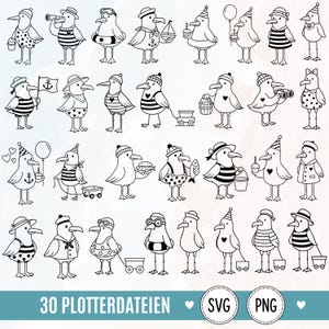 Könnte beinhalten: Eine Sammlung von 30 schwarz-weißen Strichzeichnungen von Möwen in verschiedenen Outfits und Aktivitäten, darunter mit Luftballons, Cupcakes, Bollerwagen und Flaggen. Der Text 30 PLOTTERDATEIEN SVG PNG steht am unteren Rand.