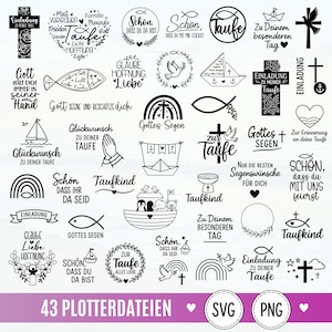 Puede incluir: Una colección de 43 diseños gráficos digitales en blanco y negro con símbolos religiosos como cruces, palomas, peces, arcoíris y barcos, junto con frases en alemán sobre el bautismo, la fe y las bendiciones, en formato SVG y PNG.