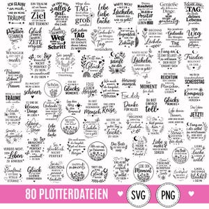 Könnte beinhalten: Eine Sammlung von 80 schwarz-weißen digitalen Grafikdesigns mit verschiedenen deutschen Motivationssprüchen, Blumenillustrationen, Sternen, Monden und Schmetterlingen, angeordnet in einem Raster mit SVG- und PNG-Beschriftungen am unteren Rand.