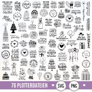 Könnte beinhalten: Eine Sammlung von 76 schwarz-weißen Grafikdesigns mit Geburtstagsthemen und deutschen Texten wie Alles Gute zum Geburtstag, darunter Illustrationen von Kuchen, Luftballons, Blumen und Geschenken für Bastelprojekte.