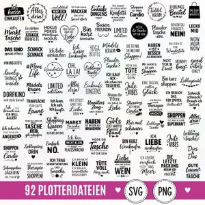 Op de afbeelding: Een verzameling van 92 zwarte grafische ontwerpen met diverse Duitse zinnen en slogans over winkelen, tassen en humor. De tekst bevat uitdrukkingen zoals 'Ich hasse Einkaufen', 'Lieblingsbeutel' en 'Shopping ist mein Cardio' in verschillende lettertypes.