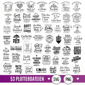 May include: A collection of 53 black and white digital graphic designs featuring various German Christian phrases, biblical verses, and religious symbols like crosses, doves, mountains, and anchors, presented in a grid layout for crafting.