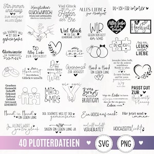 Könnte beinhalten: Eine Sammlung von vierzig schwarz-weißen digitalen Grafikdesigns mit deutschen Hochzeitssprüchen, Illustrationen von ineinander verschlungenen Ringen, Puzzleteilen und Herzen, bereitgestellt als Set aus SVG- und PNG-Dateien für Schneideplotter.
