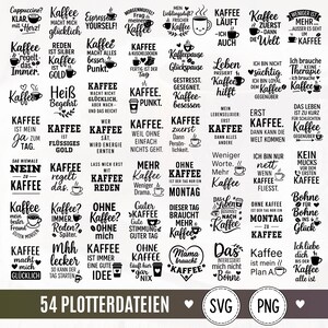 Pode incluir: Uma coleção de 54 designs gráficos digitais em preto e branco com texto em alemão sobre café, incluindo frases como Kaffee macht mich glücklich, Kaffee regelt das e Kaffee ist mein Plan A, dispostos em uma grade sobre um fundo branco.