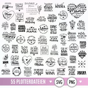Peut inclure: Une collection de 55 motifs graphiques en noir et blanc présentant diverses phrases allemandes et illustrations dédiées aux mères, incluant des cœurs, des fleurs et des flèches, fournis sous forme de fichiers SVG et PNG pour le bricolage.