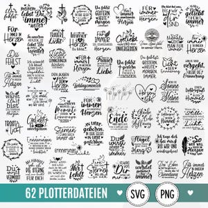 Könnte beinhalten: Eine Sammlung von 62 schwarz-weißen digitalen Grafikdesigns mit deutschen Trauersprüchen, Tauben, Herzen, Federn und Pusteblumenmotiven. Die Texte enthalten verschiedene Ausdrücke der Trauer und des Gedenkens in unterschiedlichen Schriftarten.