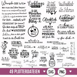 Op de afbeelding: Een verzameling van 49 zwarte digitale grafische ontwerpen met Duitse zinnen, hartjesiconen en bloemillustraties. De tekst bevat uitdrukkingen zoals Wünsch dir was, Lieblingsmensch en Danke, gepresenteerd in diverse schrijf- en schreeflettertypes.