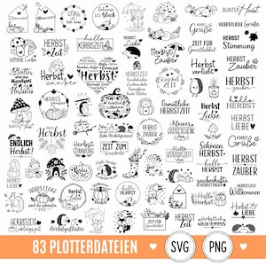Puede incluir: Una colección de 83 diseños gráficos digitales en blanco y negro con ilustraciones de temática otoñal que incluyen erizos, setas, calabazas y paraguas, acompañados de frases en alemán relacionadas con el otoño y el clima acogedor.