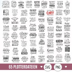 Könnte beinhalten: Eine Sammlung von 65 schwarz-weißen digitalen Grafikdesigns mit verschiedenen deutschen Sprüchen und Typografien. Das Set enthält SVG- und PNG-Dateiformate, die in einem Rasterlayout mit diversen Schriftarten, Verzierungen und Zitaten dargestellt sind.