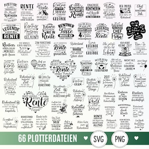 Könnte beinhalten: Eine Sammlung von 66 schwarz-weißen Grafikdesigns mit deutschen Texten zum Thema Ruhestand, darunter Begriffe wie Rente, Ruhestand und Rentner, ergänzt durch Symbole wie Pusteblumen, Herzen und Sonnen.