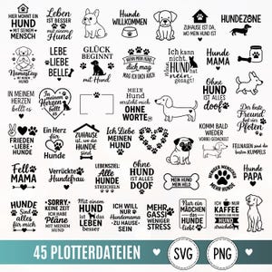 Puede incluir: Una colección de 45 diseños digitales en blanco y negro con varias ilustraciones de perros, huellas y frases en alemán. Estos archivos gráficos incluyen siluetas de diferentes razas de perros, corazones y huesos para proyectos de manualidades.