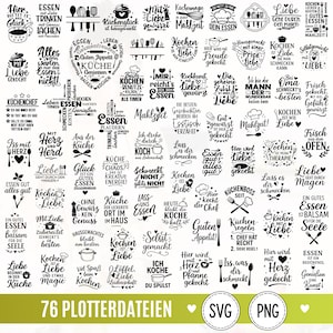 Könnte beinhalten: Eine Sammlung von 76 schwarz-weißen digitalen Grafikdesigns mit deutschen Sprüchen rund ums Kochen, Essen und die Küche, ergänzt durch Illustrationen von Küchenutensilien, Töpfen und Herzen, gekennzeichnet als SVG- und PNG-Dateiformate.