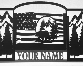 Personalized Or Not Personalized Mesh Fireplace Screen Featuring Scene of American Flag, Bear, and Mountains with Trees - Free Shipping