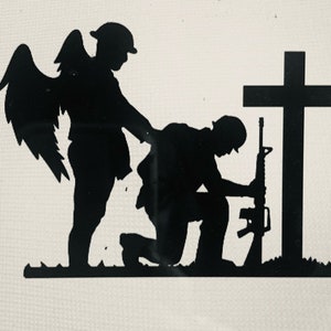 Guardian Angel Soldier with Soldier Kneeling At Cross - Indoor or Outdoor Metal Sign or Yard Stake - Weatherproof - Free Shipping