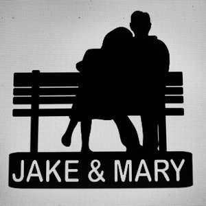 Personalized Couple On A Bench Metal Hanging Sign or Yard Stake Sign  - Can Be Weatherproof  - Any Color - Free Shipping