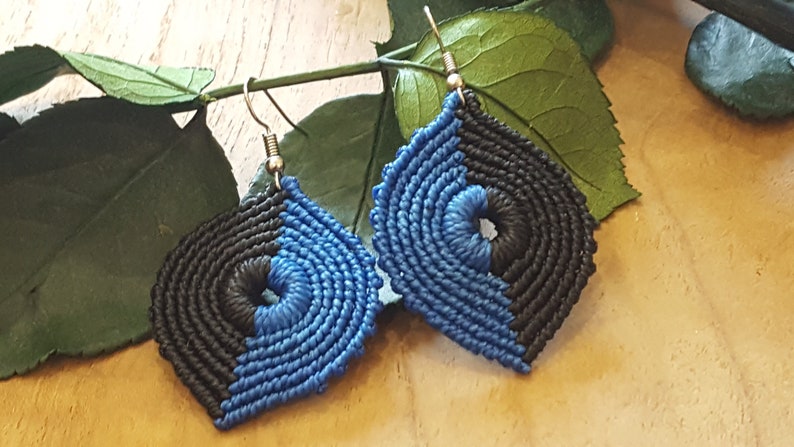 OnlyMacram\u00e9 shop two-tone black and blue Earrings in macram\u00e9