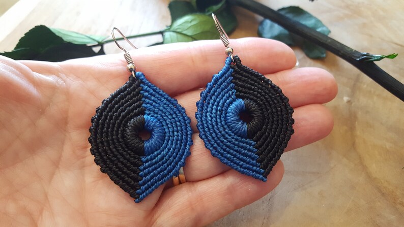 OnlyMacram\u00e9 shop two-tone black and blue Earrings in macram\u00e9