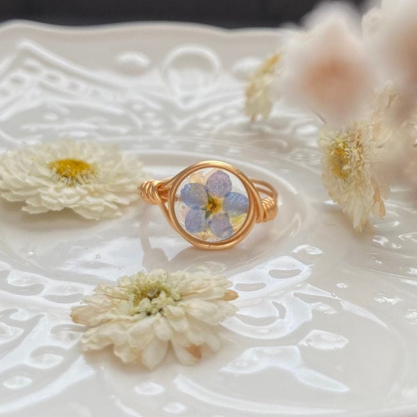 Forget Me Not Wire Wrapped Ring, Botanical Jewelry, 14K Gold Filled Jewelry, Resin Gift Finding
