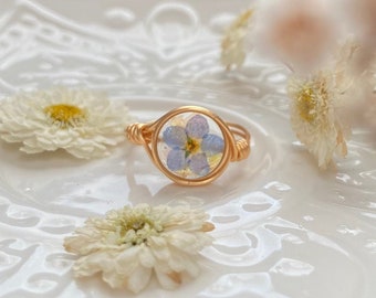 Forget Me Not Wire Wrapped Ring, Botanical Jewelry, 14K Gold Filled Jewelry, Resin Gift Finding