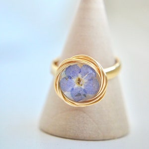 Forget Me Not Wire Wrapped Adjustable Ring, Bird Nest Pressed Flower Rings, Botanical Jewelry, 14K Gold Filled Jewelry, Resin Gift Finding