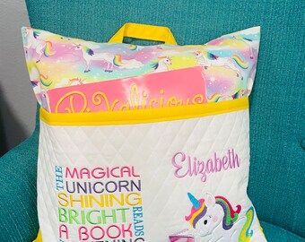 Unicorn Rainbows Book Pillow Personalized/Reading Pillow/ Pocket Pillow/Rainbows and Unicorns/Embroidery/Girls Gift/Birthday.