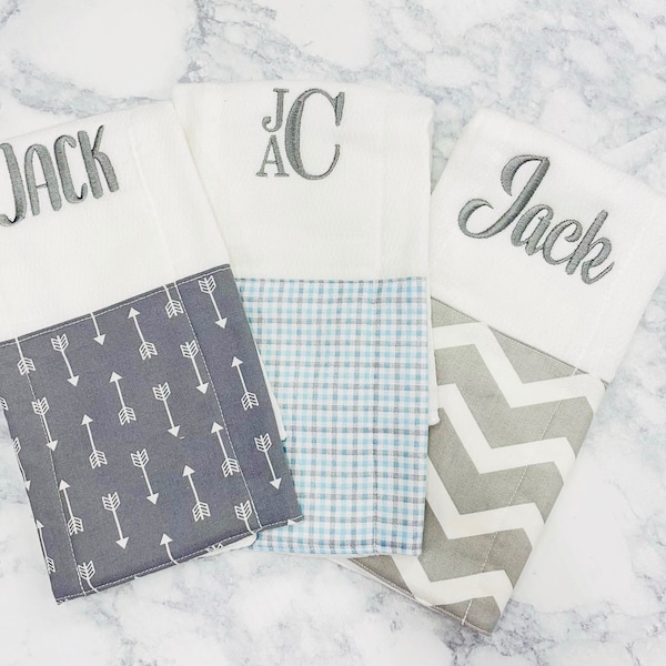 Custom Set of 3, Cotton Burp Cloths - Personalized Burp Cloth Set, Baby Embroidered, Custom burp cloth, Monogrammed,- Newborn, Baby Boy