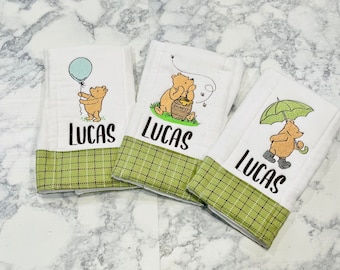 Klassisches Winnie Puuh Spucktuch Set/Baby Junge/Baumwolle Spucktuch Set/Geburtstag Geschenk/Baby-Dusche-Geschenk/Neugeborenen Geschenk/Bestickt