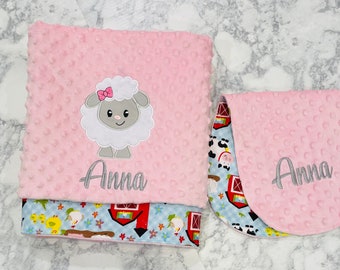 Farm Animal Blanket/Personalized/Embroidered Baby Blanket /Lamb With Bow/Minky /Flannel / Birthday Gift/Baby Girls Blanket/Baby Shower Gift