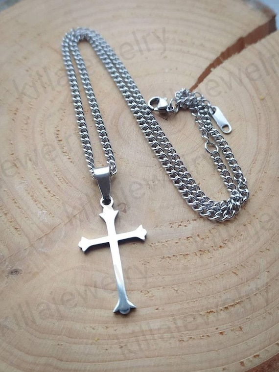Gothic Cross Necklace, Silver Cross Pendant, Curb Chain